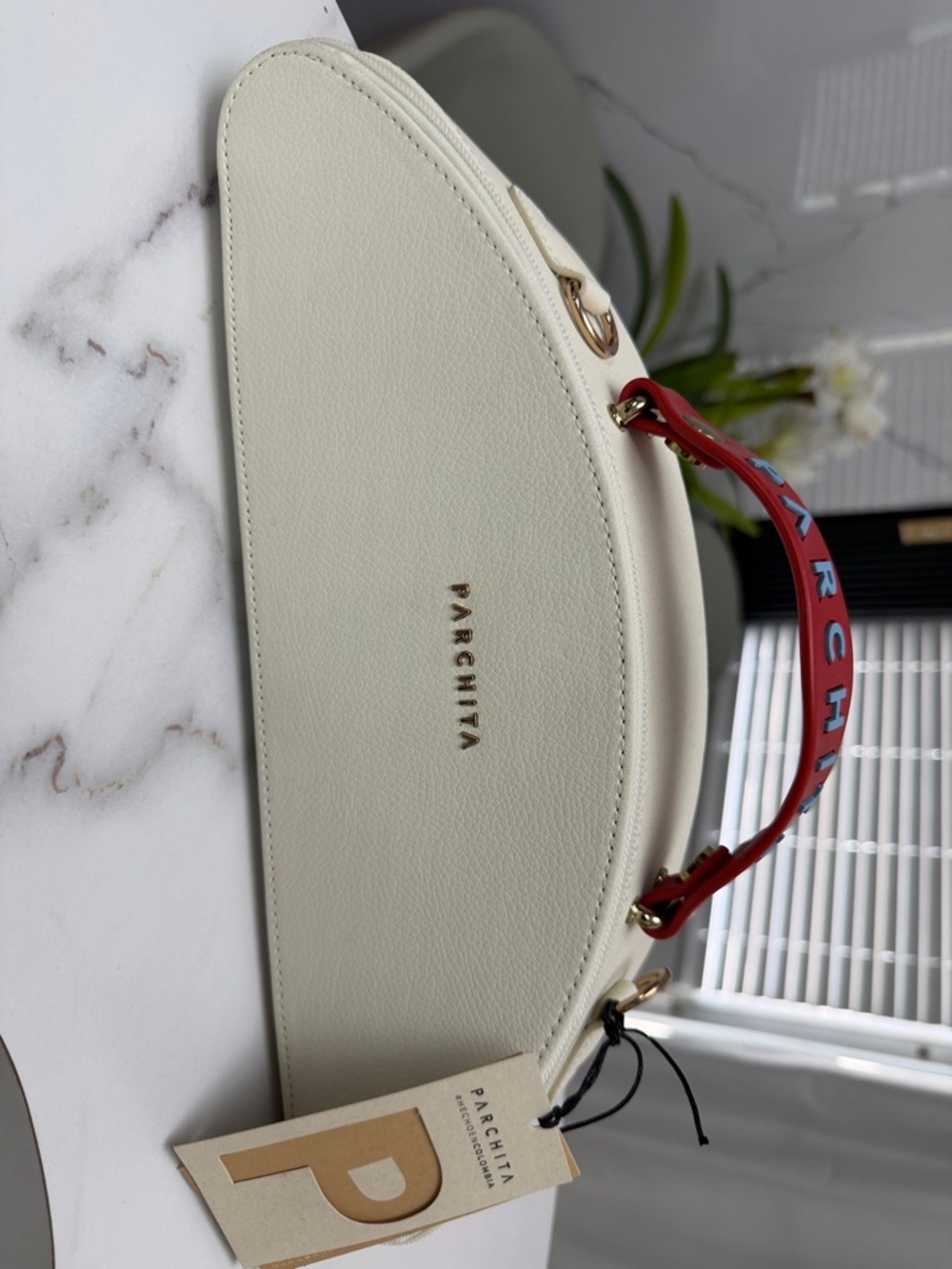 Parchita Cream Baguette Chloe Ivory Shoulder Bag with Red Accent Strap